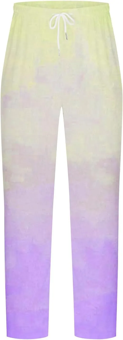 Muscularfit Mens Stretch Pants Casual Loose Drawstring Cotton Linen Straight Legs Fashion Gradient Color Stretch Trousers