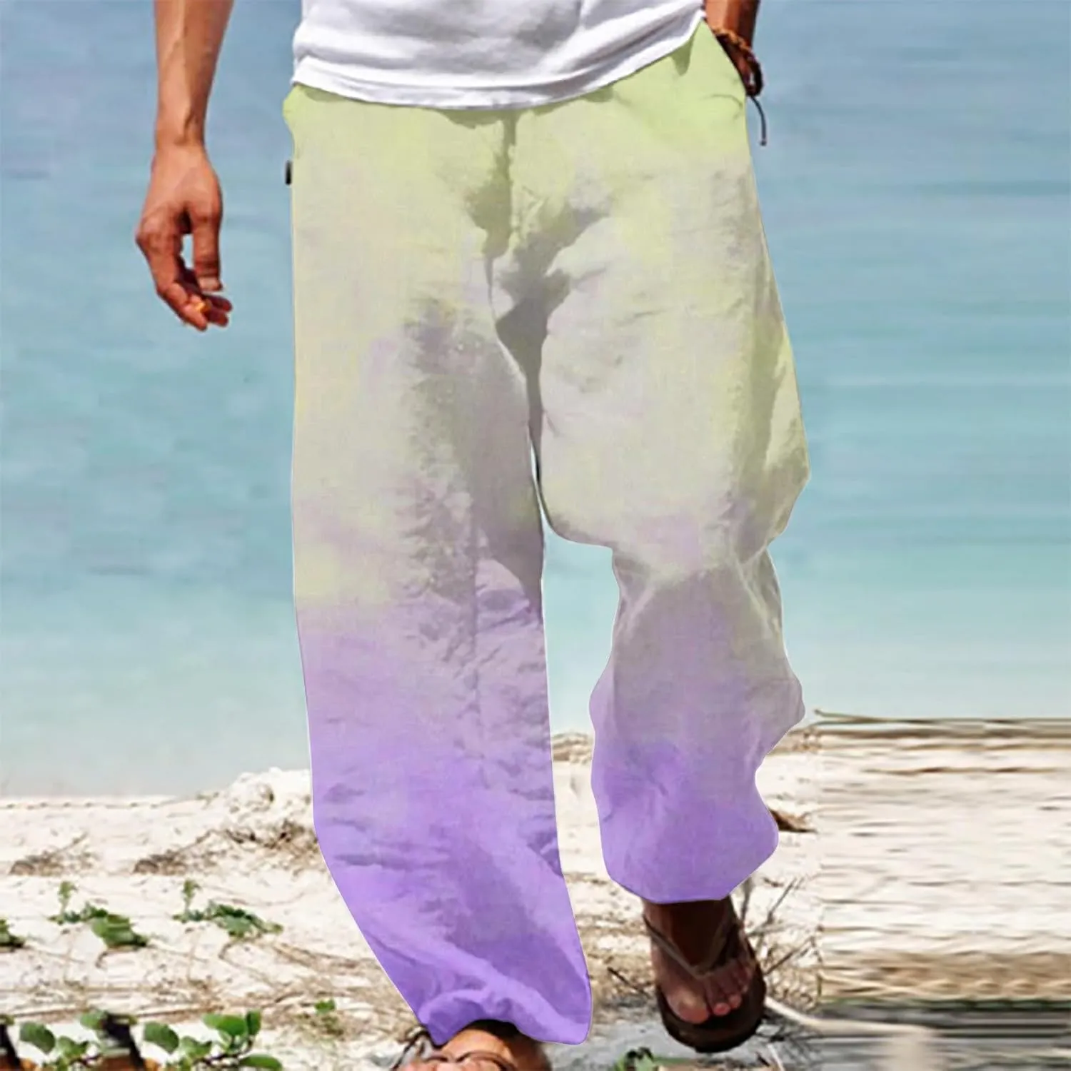 Muscularfit Mens Stretch Pants Casual Loose Drawstring Cotton Linen Straight Legs Fashion Gradient Color Stretch Trousers