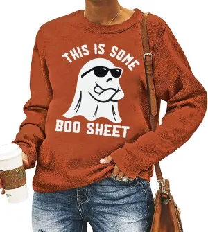 MYCHTE This Is Some Boo Sheet Sweatshirt Women Halloween Ghost Graphic Tees Spooky Season Casual Long Sleeve Pullover Tops