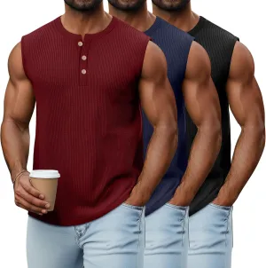 Neer 3 Pack Ribbed Tank Tops for Men Summer Sleeveless Henley Shirts Crewneck Tees Muscle Slim Fit Tank Top
