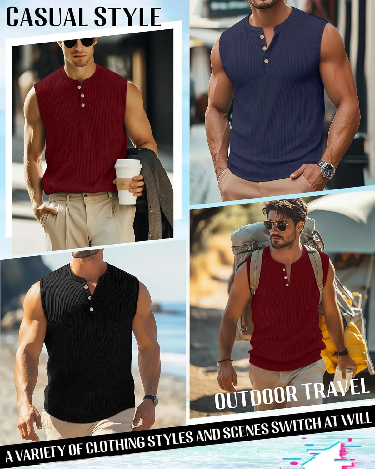Neer 3 Pack Ribbed Tank Tops for Men Summer Sleeveless Henley Shirts Crewneck Tees Muscle Slim Fit Tank Top
