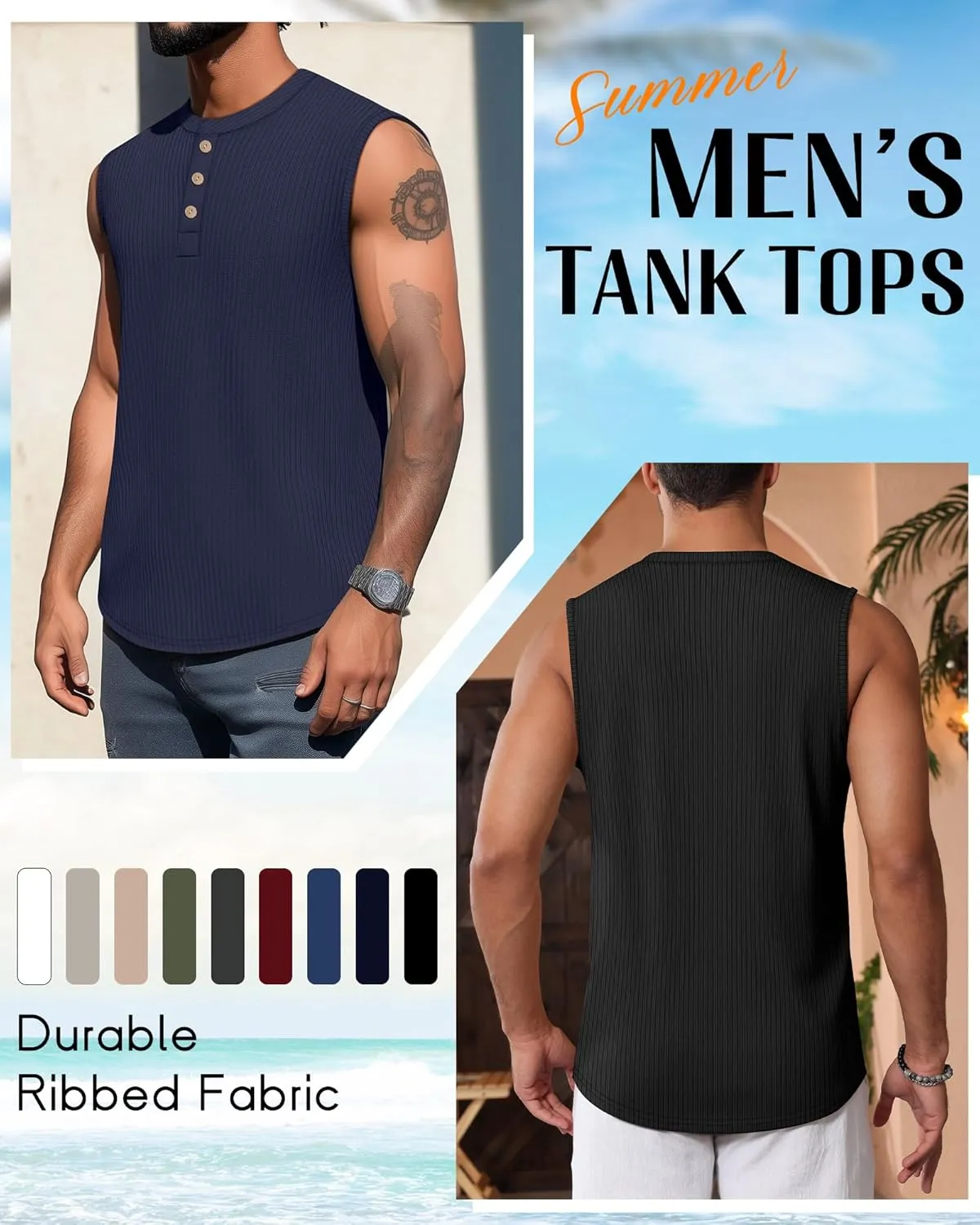 Neer 3 Pack Ribbed Tank Tops for Men Summer Sleeveless Henley Shirts Crewneck Tees Muscle Slim Fit Tank Top