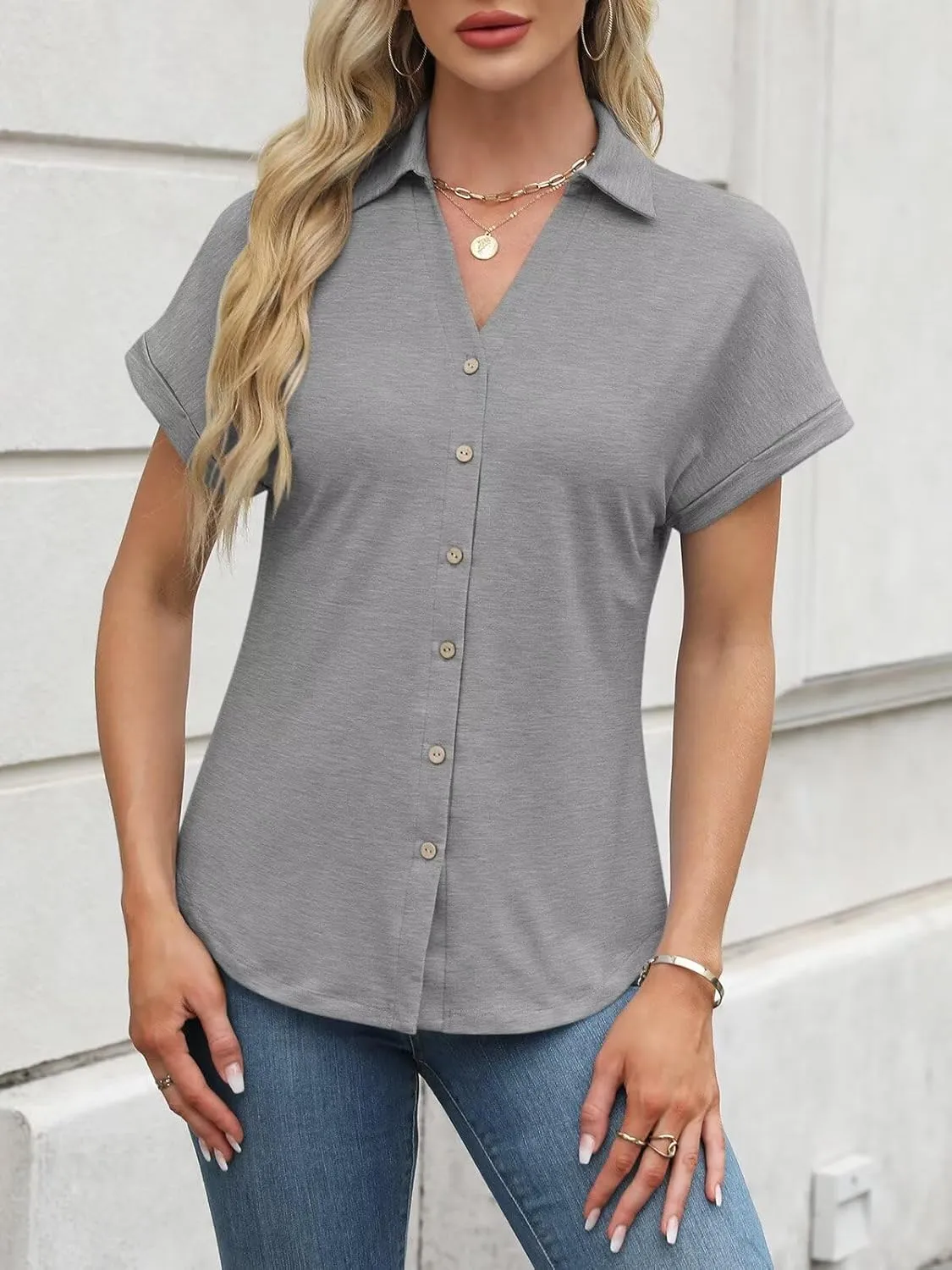 ORANDESIGNE Women's Short Sleeve Polo Tops Summer Button Down Collared T Shirts Casual Cute Ladies Tees