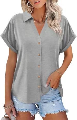 ORANDESIGNE Women's Short Sleeve Polo Tops Summer Button Down Collared T Shirts Casual Cute Ladies Tees