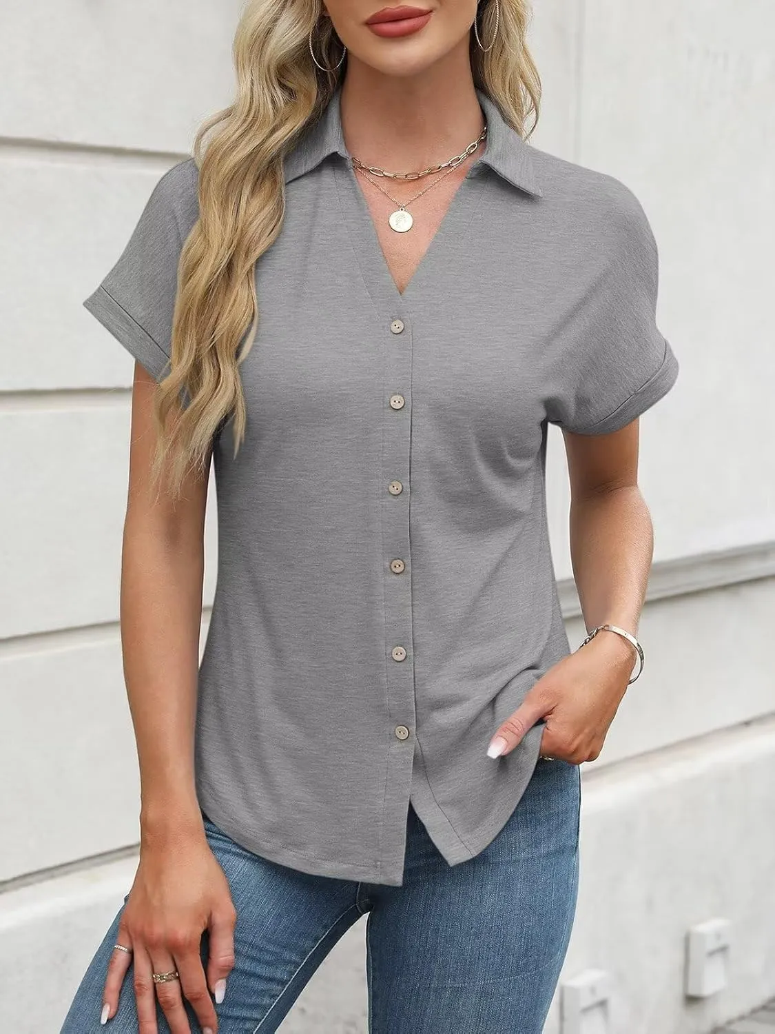 ORANDESIGNE Women's Short Sleeve Polo Tops Summer Button Down Collared T Shirts Casual Cute Ladies Tees