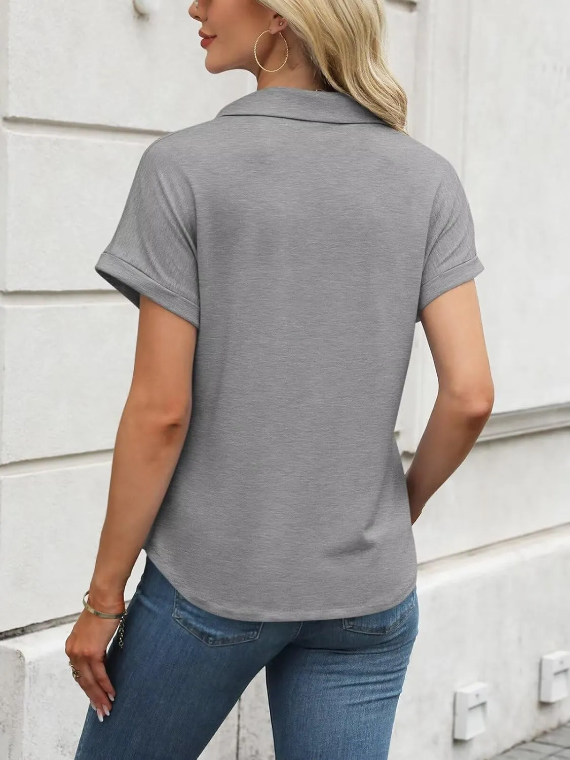 ORANDESIGNE Women's Short Sleeve Polo Tops Summer Button Down Collared T Shirts Casual Cute Ladies Tees
