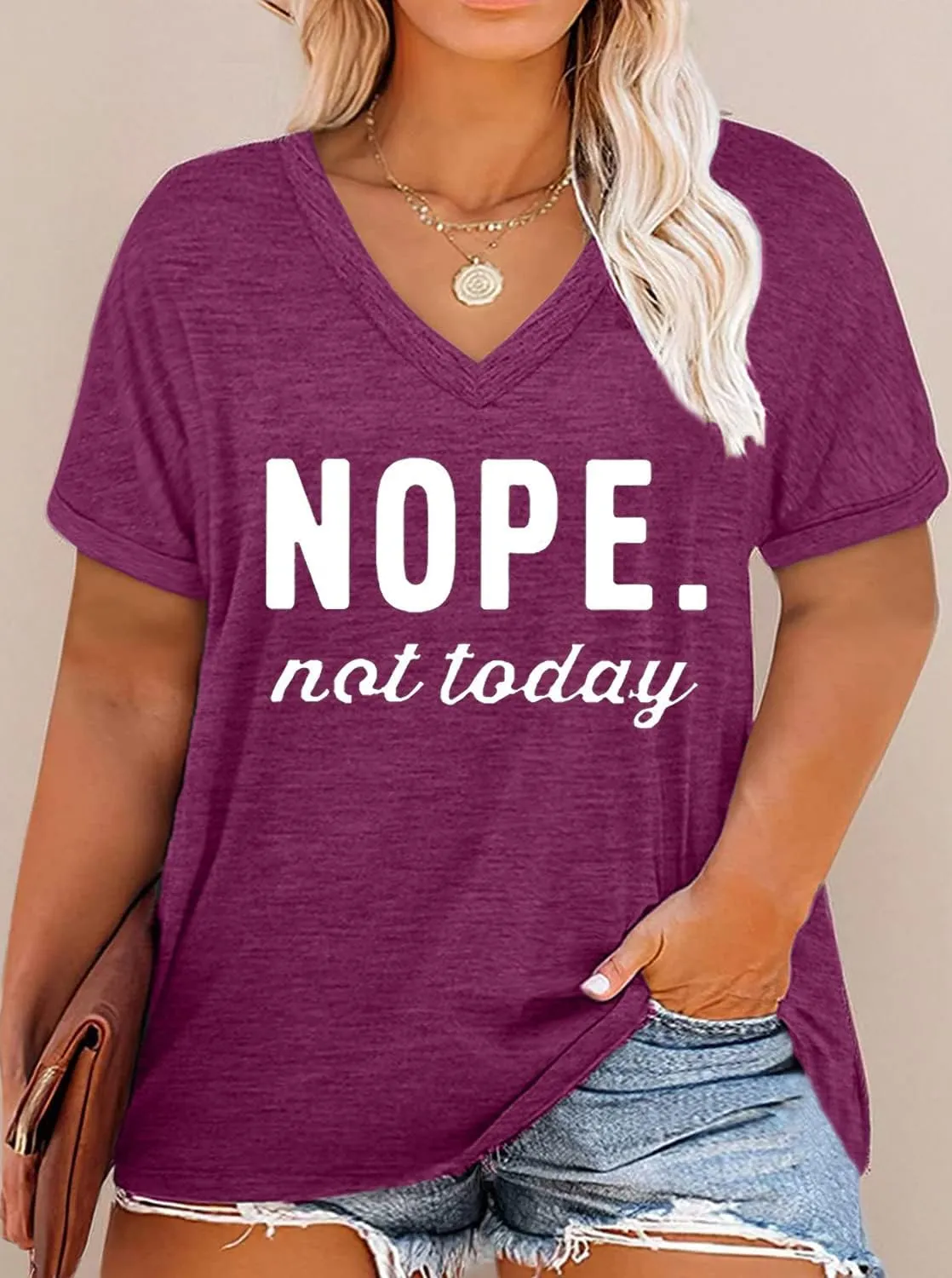 Plus Size Nope Not Today Tshirt Women Funny Letter Print V-Neck Tees Bouse Short Sleeve Casual Summer Tunic Tops