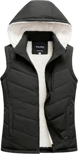 Pursky Women's Winter Vest Sherpa Fleece Lined Puffer Vest Warm Lightweight Sleeveless Jackets With Removable Hood