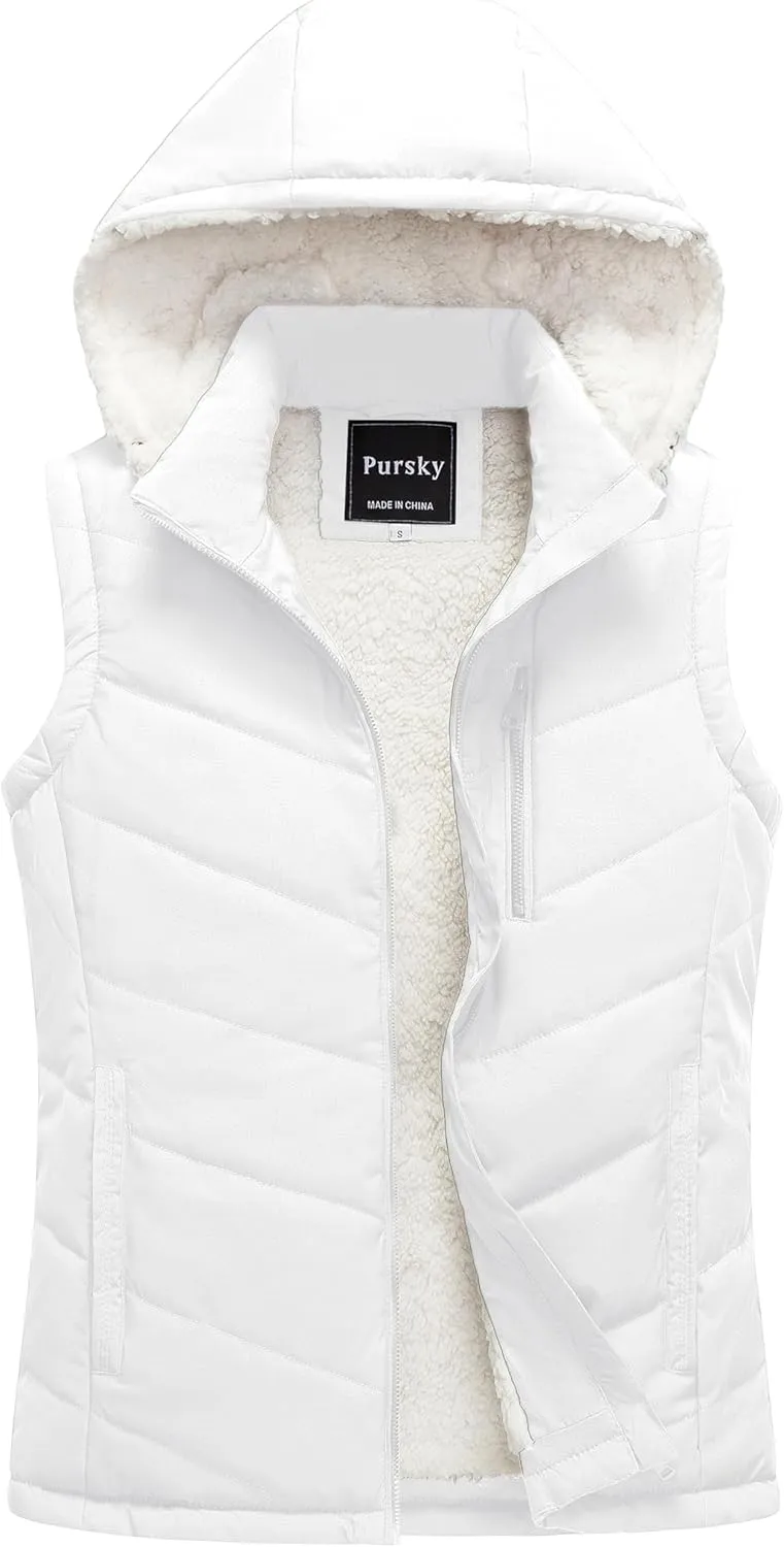 Pursky Women's Winter Vest Sherpa Fleece Lined Puffer Vest Warm Lightweight Sleeveless Jackets With Removable Hood
