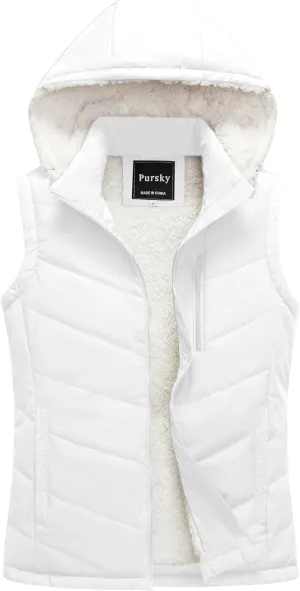Pursky Women's Winter Vest Sherpa Fleece Lined Puffer Vest Warm Lightweight Sleeveless Jackets With Removable Hood