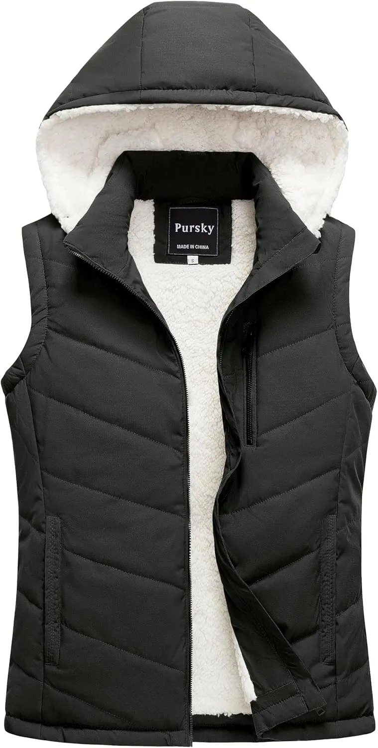 Pursky Women's Winter Vest Sherpa Fleece Lined Puffer Vest Warm Lightweight Sleeveless Jackets With Removable Hood