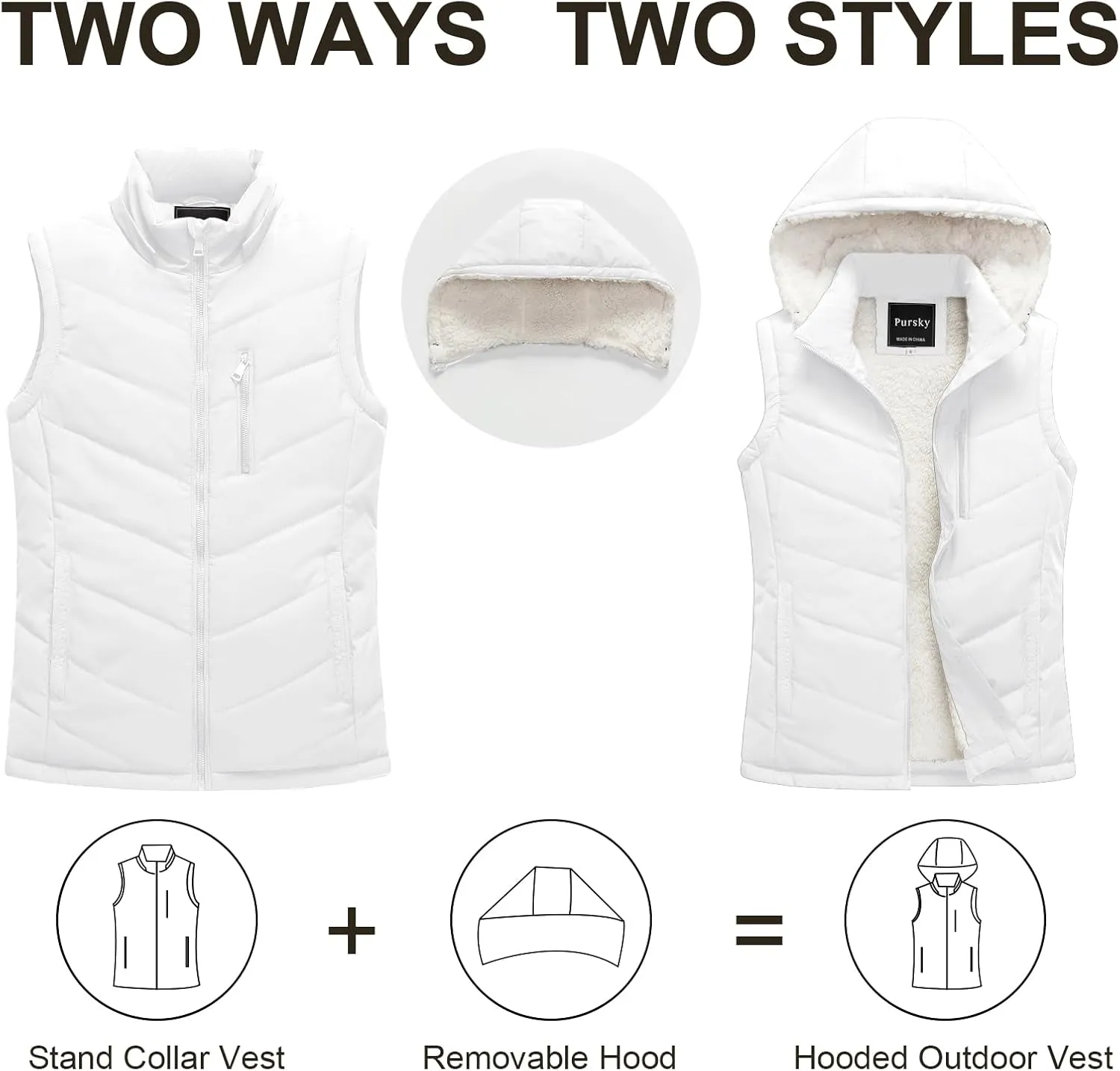 Pursky Women's Winter Vest Sherpa Fleece Lined Puffer Vest Warm Lightweight Sleeveless Jackets With Removable Hood