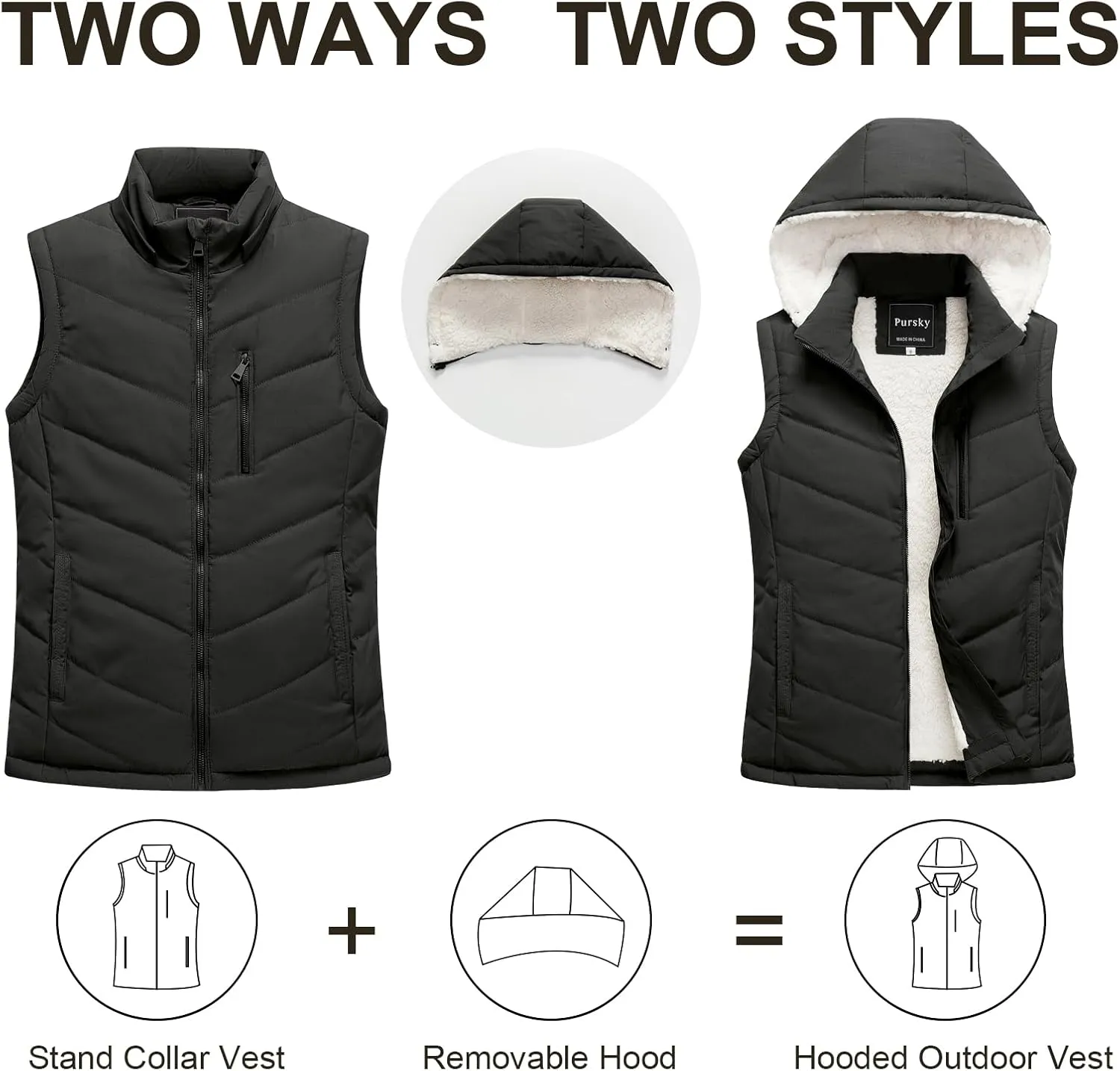 Pursky Women's Winter Vest Sherpa Fleece Lined Puffer Vest Warm Lightweight Sleeveless Jackets With Removable Hood