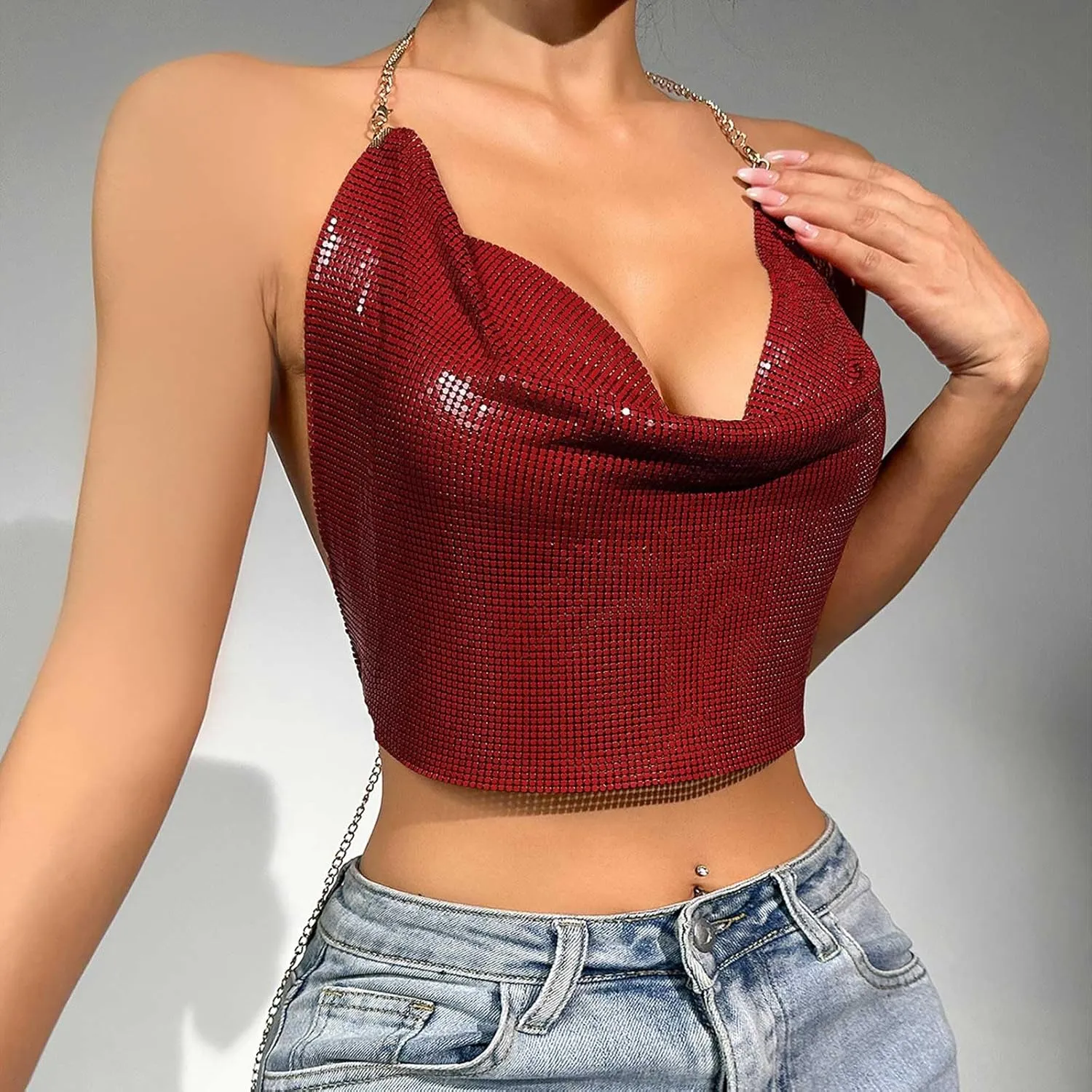 Sequin Crop Tank Tops Womens Sexy Deep V Backless Halter Chain Cami Tops Shiny Rhinestone Camisole for Party Night Club