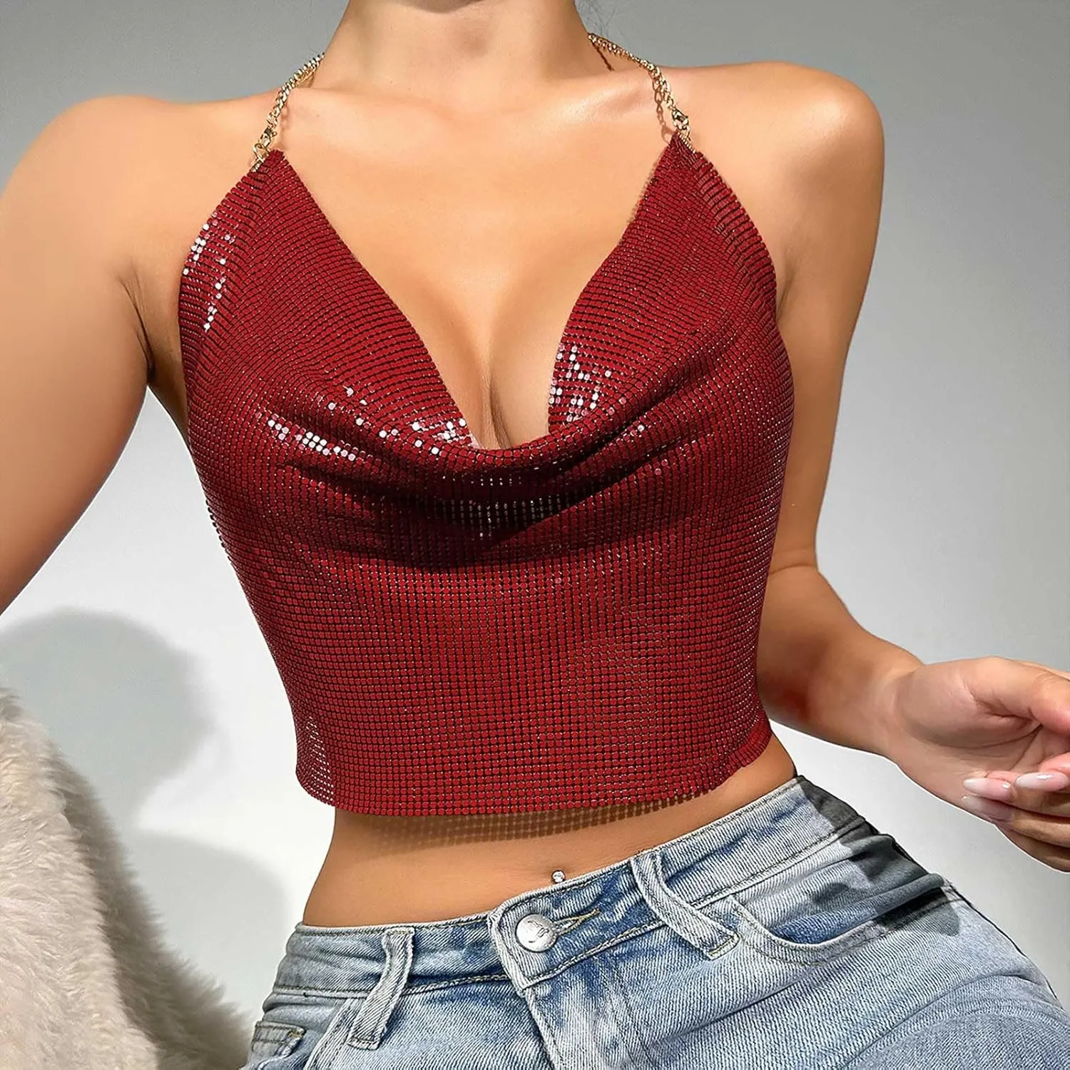 Sequin Crop Tank Tops Womens Sexy Deep V Backless Halter Chain Cami Tops Shiny Rhinestone Camisole for Party Night Club