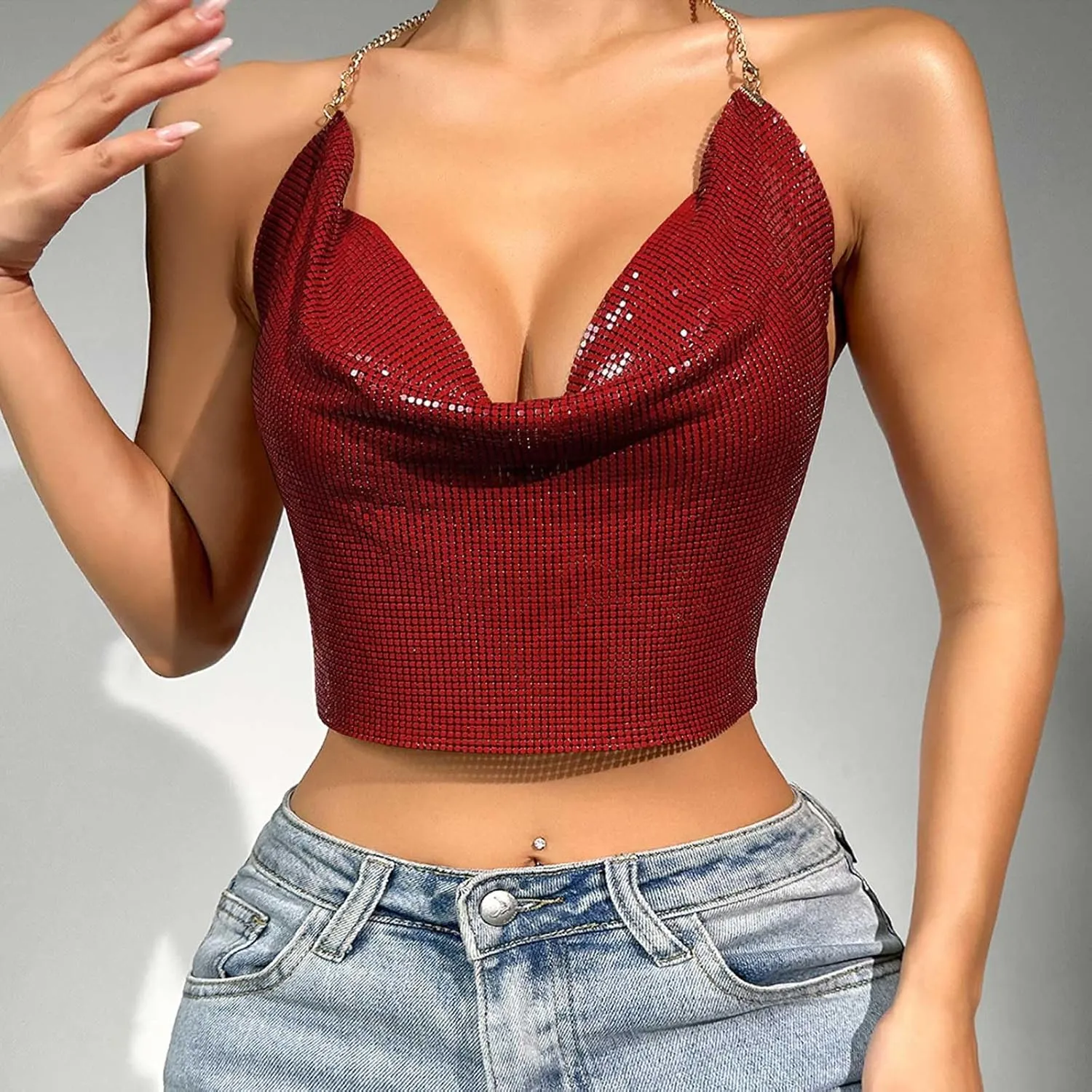 Sequin Crop Tank Tops Womens Sexy Deep V Backless Halter Chain Cami Tops Shiny Rhinestone Camisole for Party Night Club