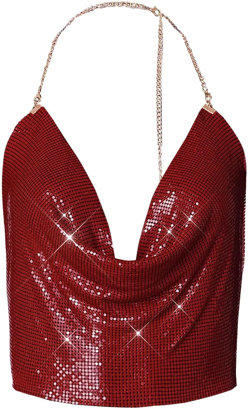 Sequin Crop Tank Tops Womens Sexy Deep V Backless Halter Chain Cami Tops Shiny Rhinestone Camisole for Party Night Club