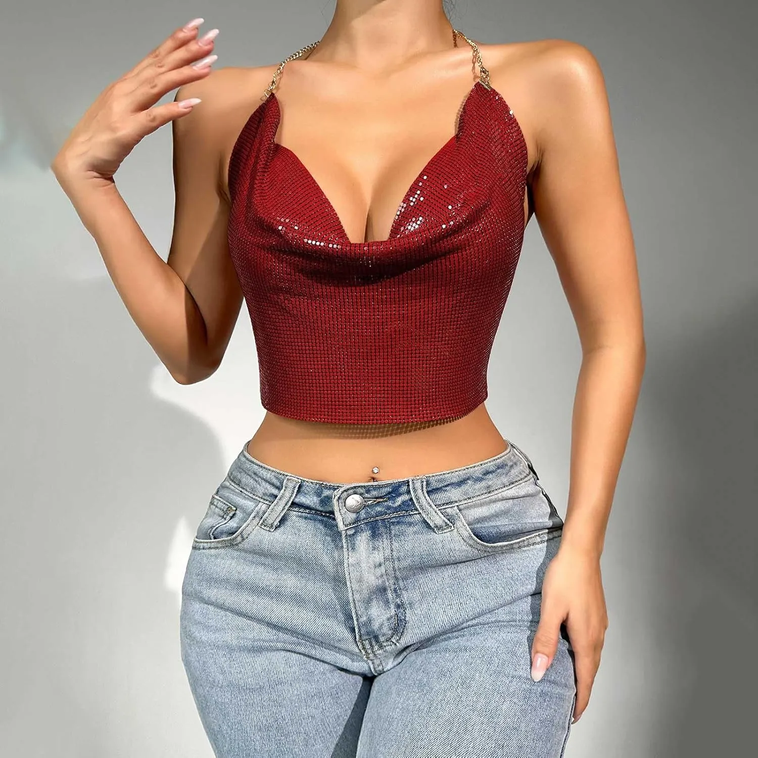 Sequin Crop Tank Tops Womens Sexy Deep V Backless Halter Chain Cami Tops Shiny Rhinestone Camisole for Party Night Club