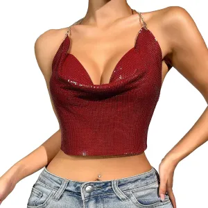 Sequin Crop Tank Tops Womens Sexy Deep V Backless Halter Chain Cami Tops Shiny Rhinestone Camisole for Party Night Club