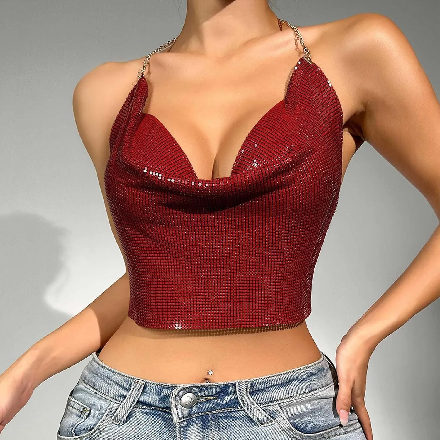 Sequin Crop Tank Tops Womens Sexy Deep V Backless Halter Chain Cami Tops Shiny Rhinestone Camisole for Party Night Club
