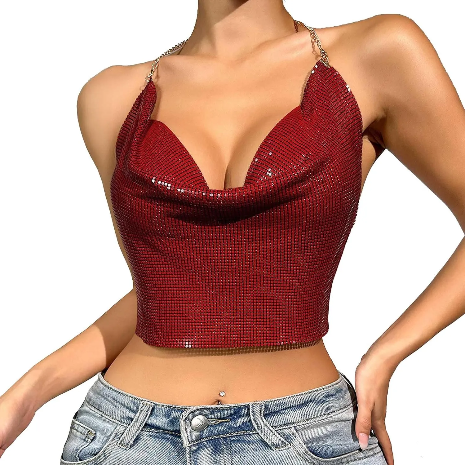 Sequin Crop Tank Tops Womens Sexy Deep V Backless Halter Chain Cami Tops Shiny Rhinestone Camisole for Party Night Club