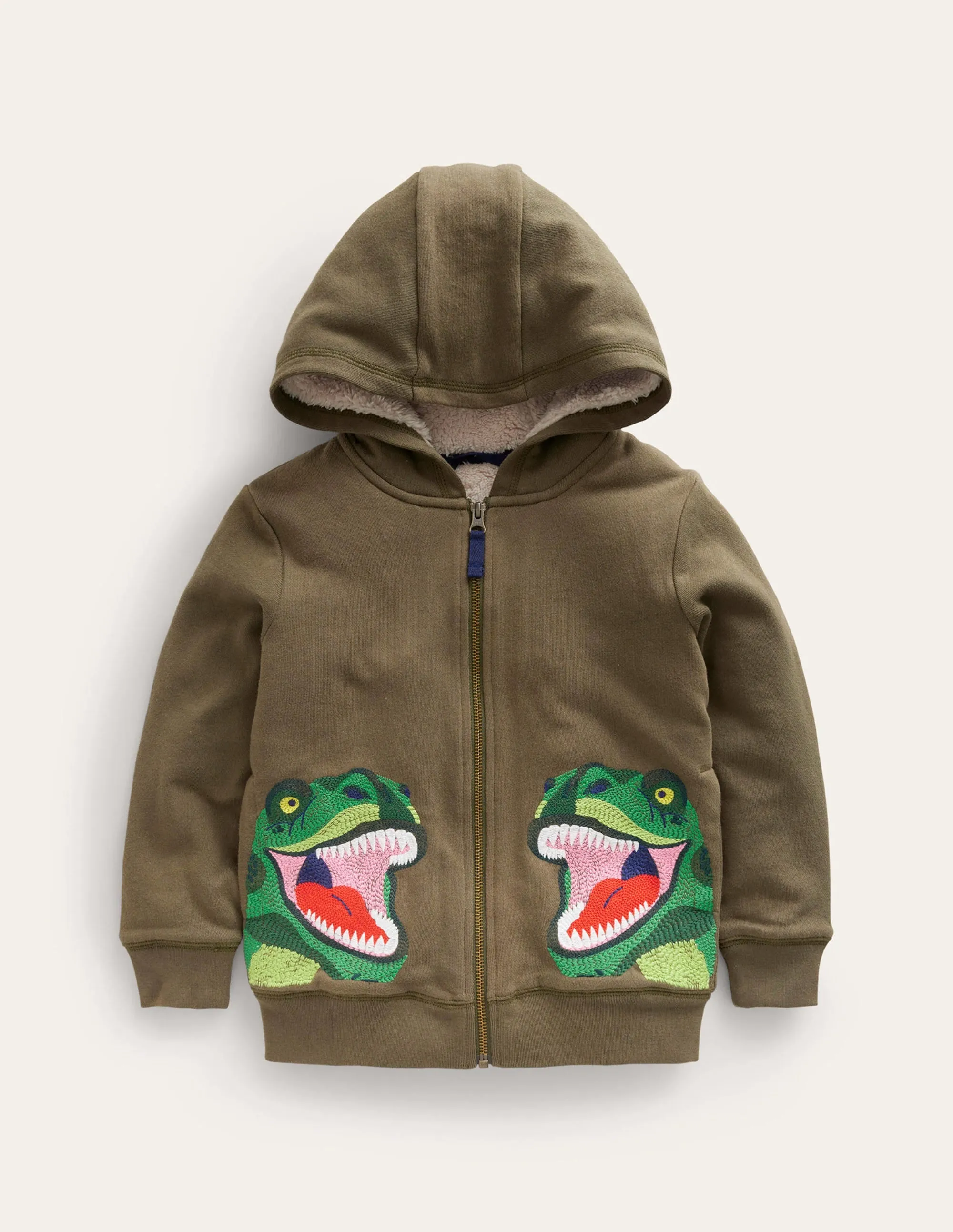 Shaggy-lined Appliqué Hoodie-Classic Khaki Dinosaur
