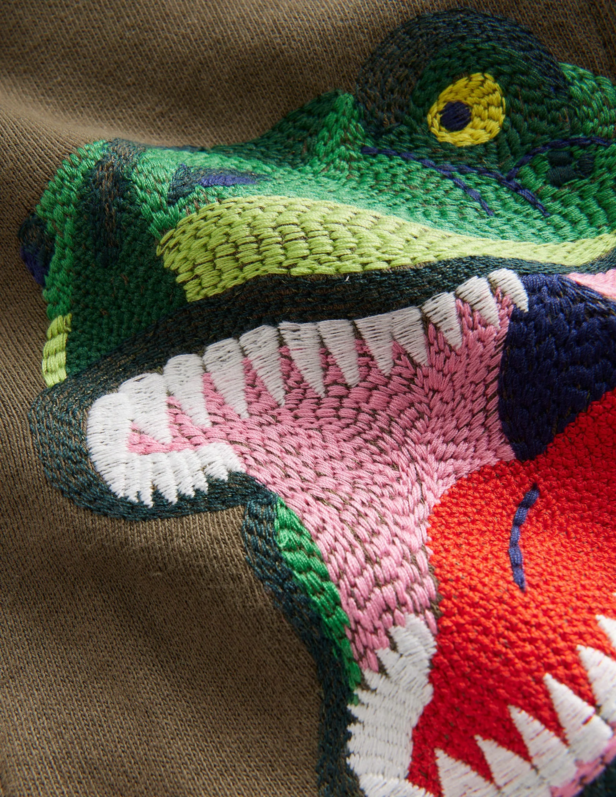 Shaggy-lined Appliqué Hoodie-Classic Khaki Dinosaur