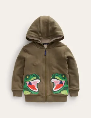 Shaggy-lined Appliqué Hoodie-Classic Khaki Dinosaur