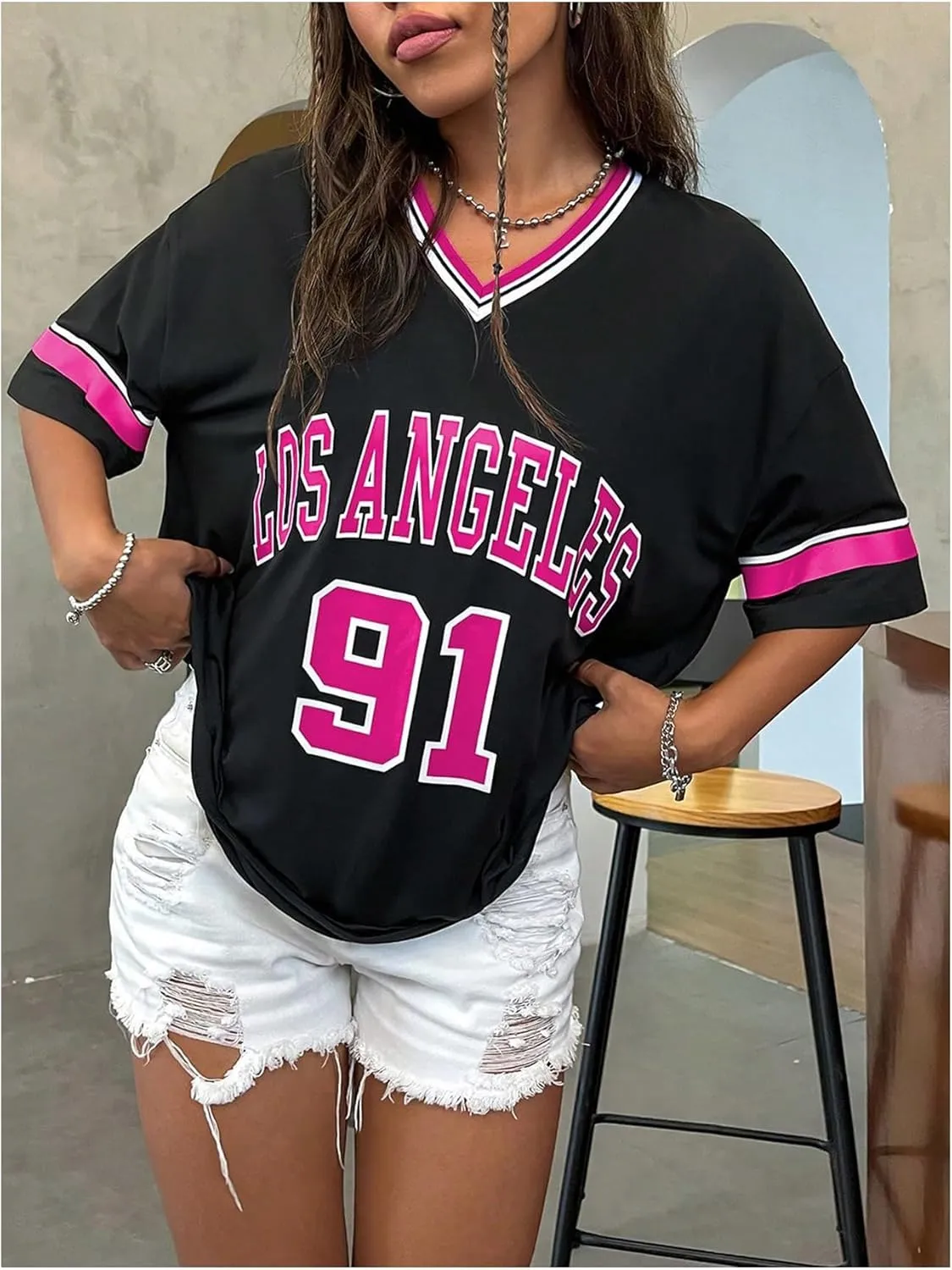 SOLY HUX Women's Oversized Jersey Shirts V Neck Graphic Tees Summer Baggy Blokecore T-Shirt Tops
