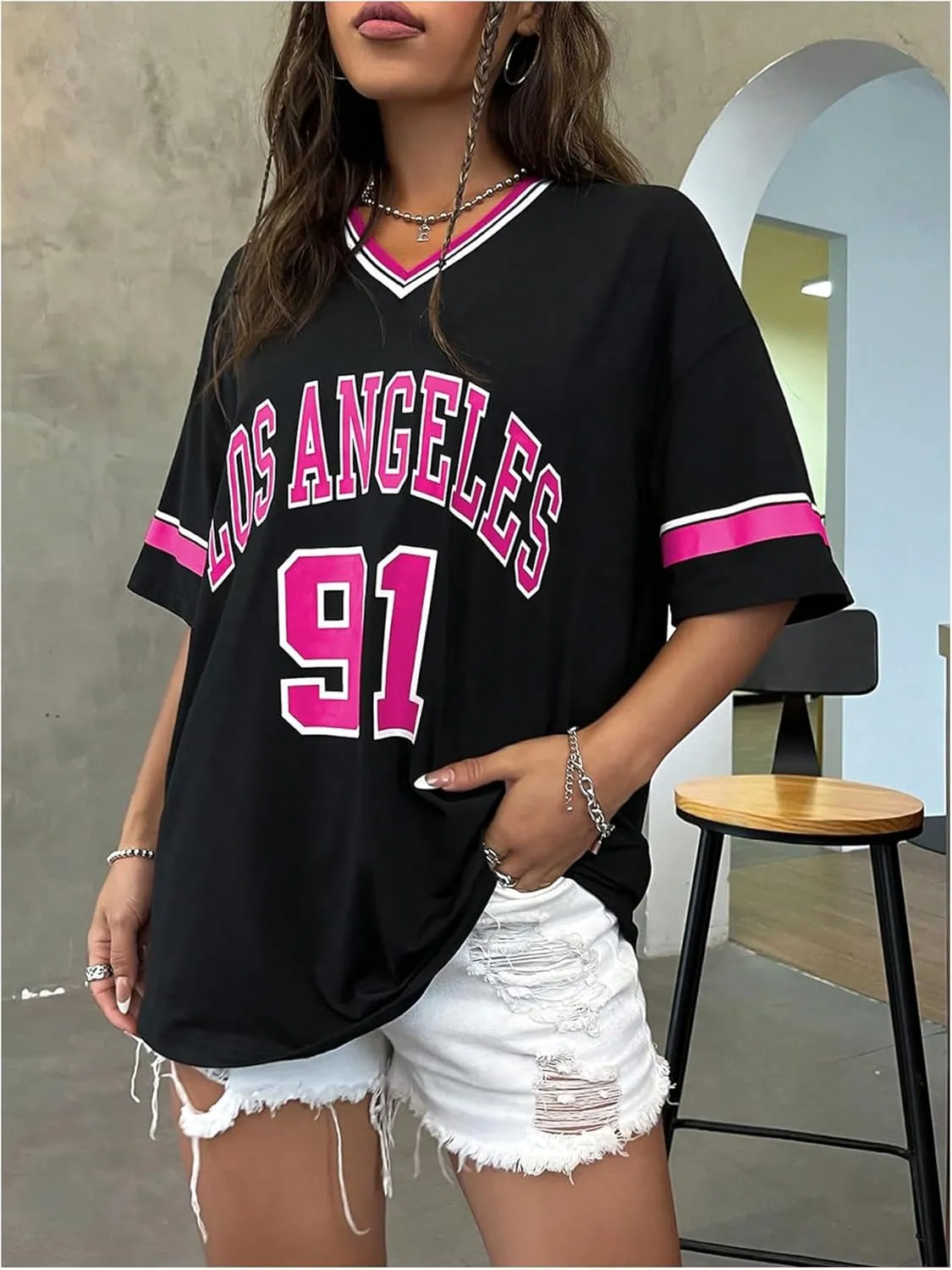 SOLY HUX Women's Oversized Jersey Shirts V Neck Graphic Tees Summer Baggy Blokecore T-Shirt Tops