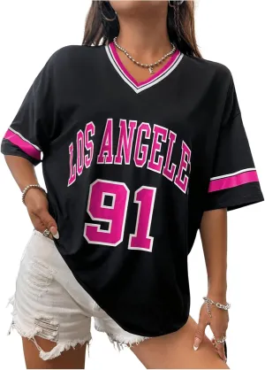 SOLY HUX Women's Oversized Jersey Shirts V Neck Graphic Tees Summer Baggy Blokecore T-Shirt Tops