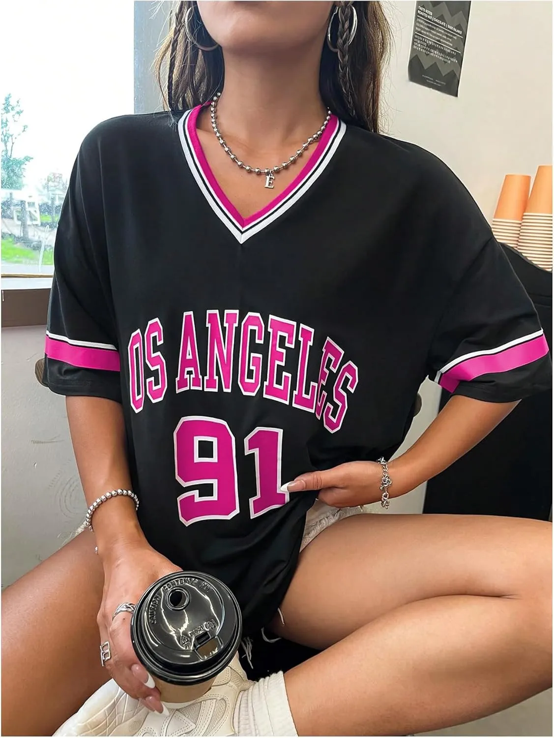 SOLY HUX Women's Oversized Jersey Shirts V Neck Graphic Tees Summer Baggy Blokecore T-Shirt Tops
