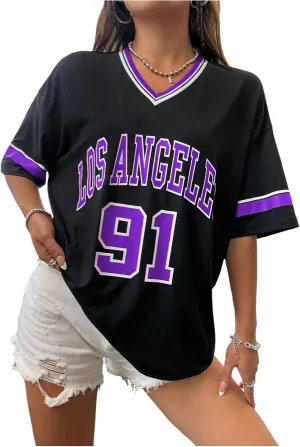 SOLY HUX Women's Oversized Jersey Shirts V Neck Graphic Tees Summer Baggy Blokecore T-Shirt Tops