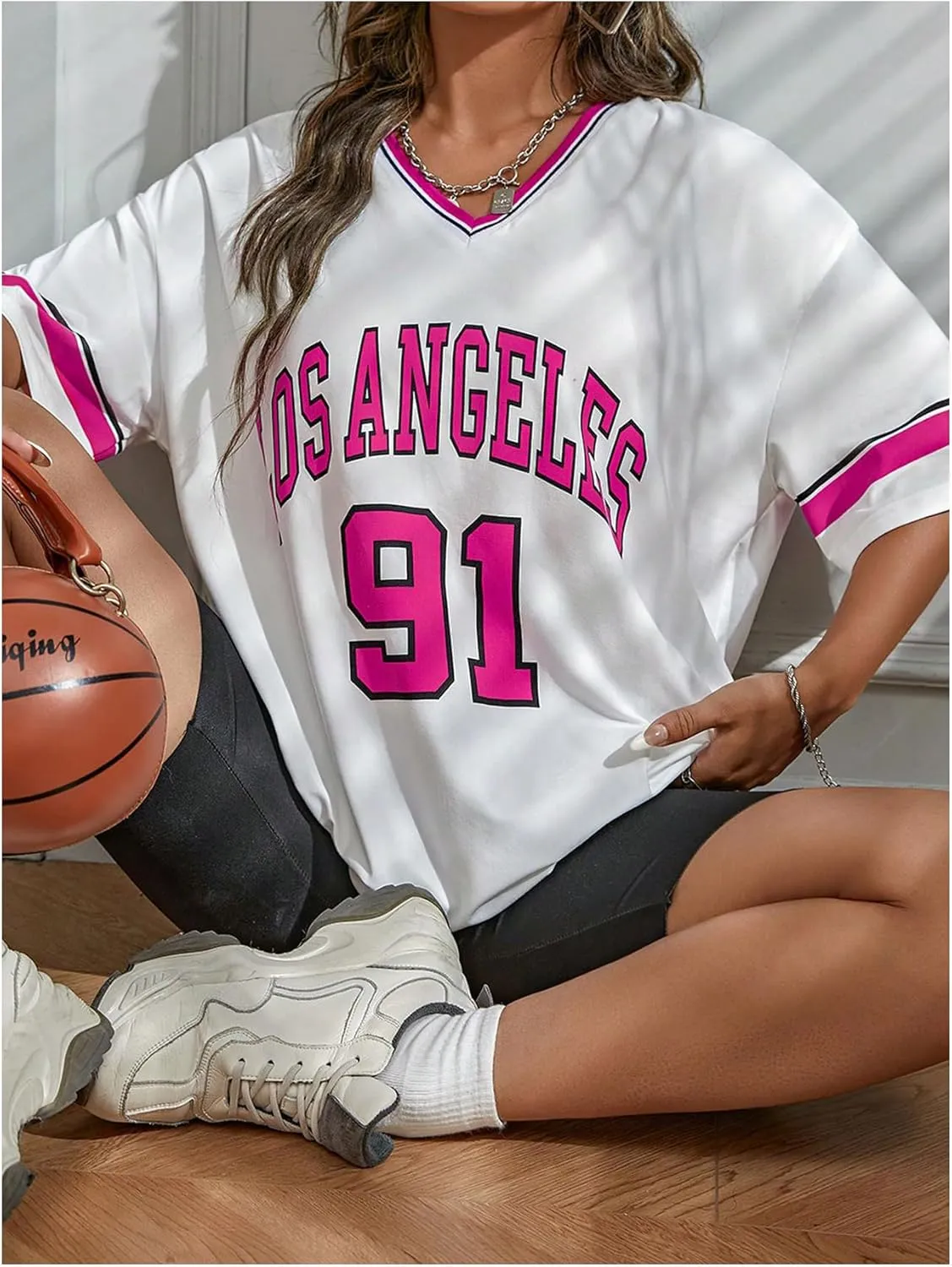 SOLY HUX Women's Oversized Jersey Shirts V Neck Graphic Tees Summer Baggy Blokecore T-Shirt Tops