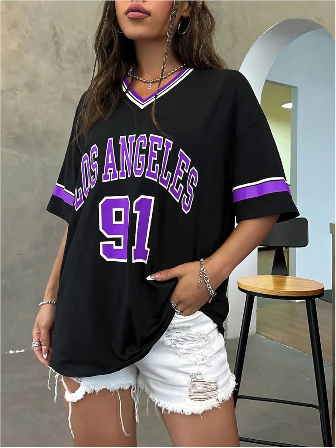 SOLY HUX Women's Oversized Jersey Shirts V Neck Graphic Tees Summer Baggy Blokecore T-Shirt Tops