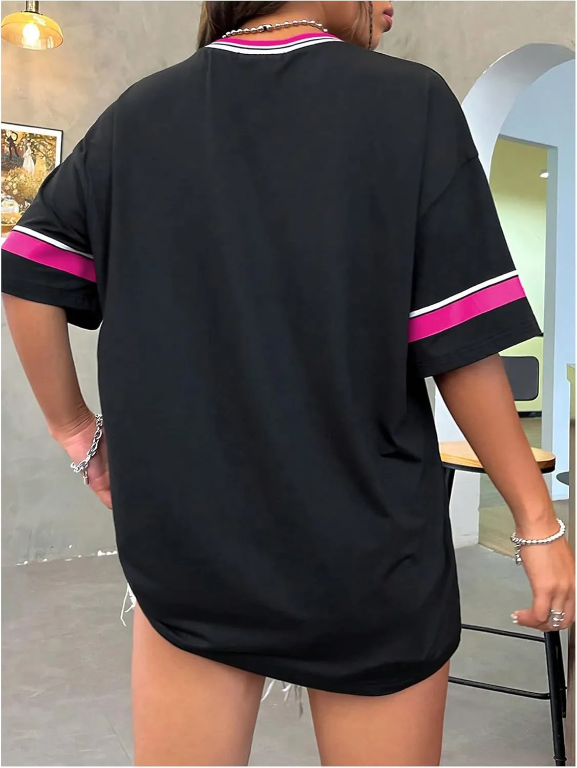 SOLY HUX Women's Oversized Jersey Shirts V Neck Graphic Tees Summer Baggy Blokecore T-Shirt Tops