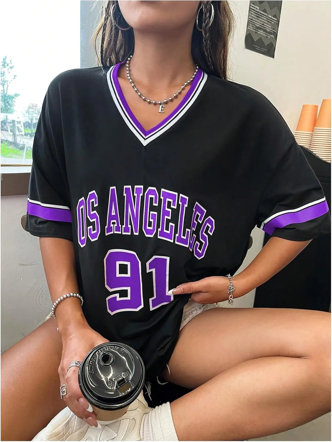 SOLY HUX Women's Oversized Jersey Shirts V Neck Graphic Tees Summer Baggy Blokecore T-Shirt Tops