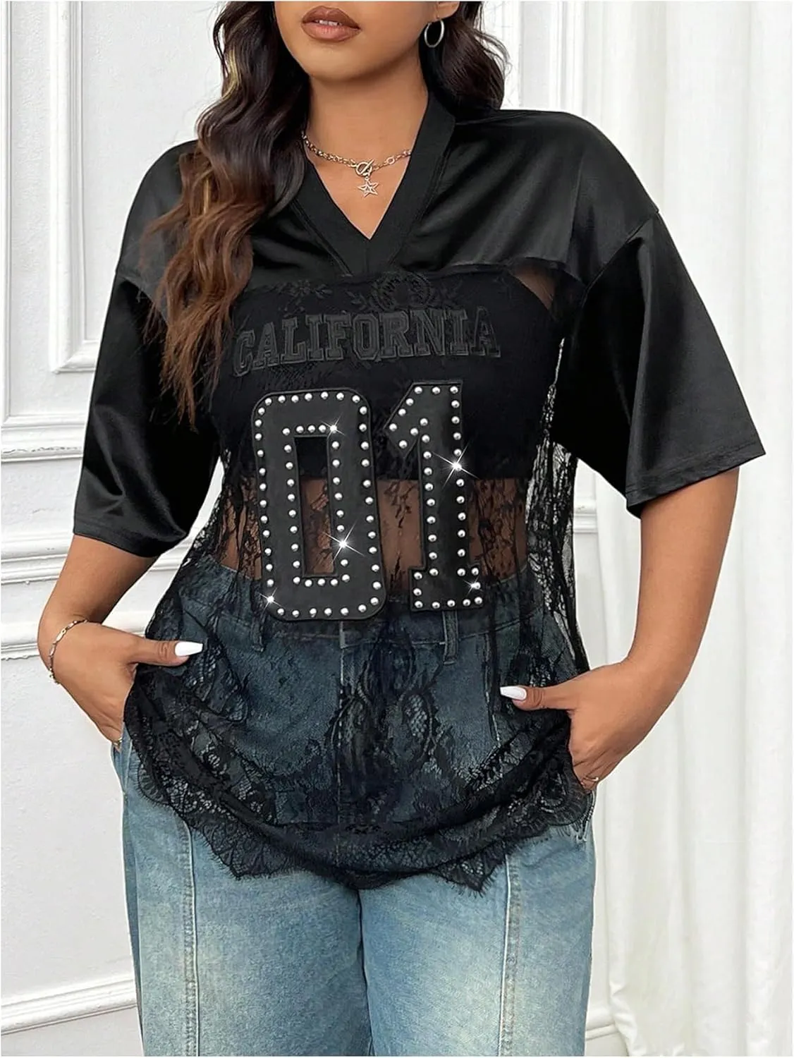 SOLY HUX Women's Plus Size Jersey Shirts Lace Sheer V Neck Half Sleeve Number Graphic Tees Casual T Shirt