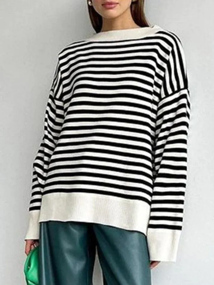 Stripe Drop Shoulder Slit Loose Sweater