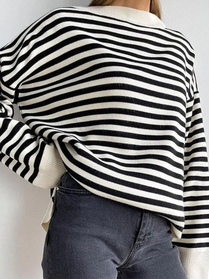 Stripe Drop Shoulder Slit Loose Sweater