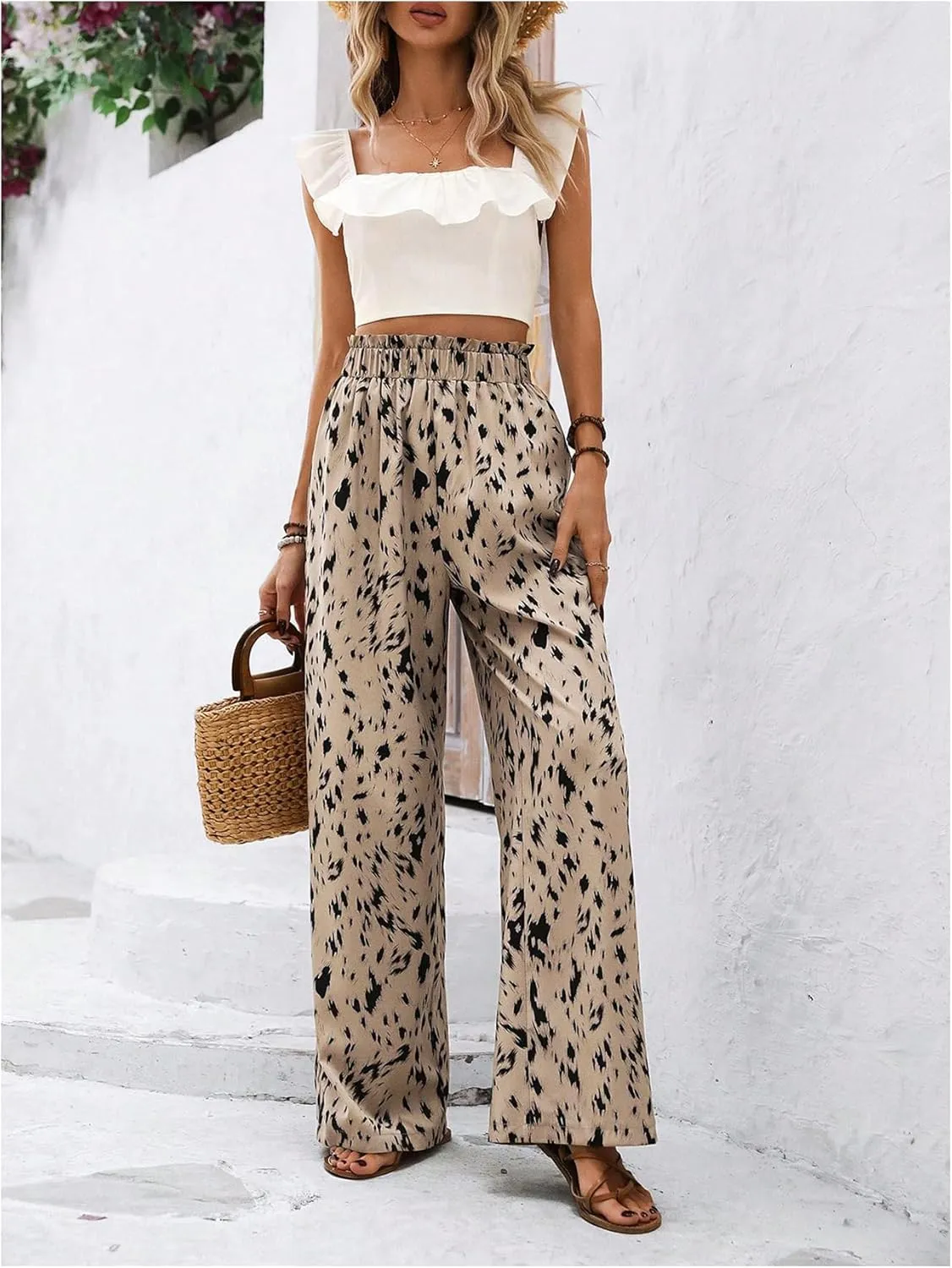 SweatyRocks Women's Casual Printed High Elastic Waist Wide Leg Loose Pants Palazzo Trousers
