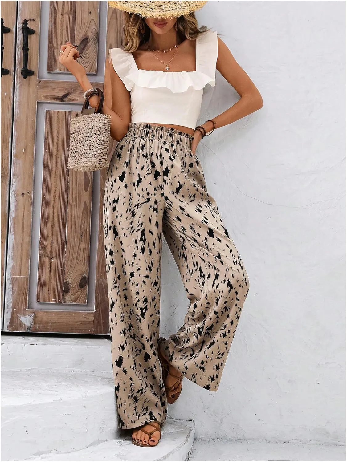 SweatyRocks Women's Casual Printed High Elastic Waist Wide Leg Loose Pants Palazzo Trousers