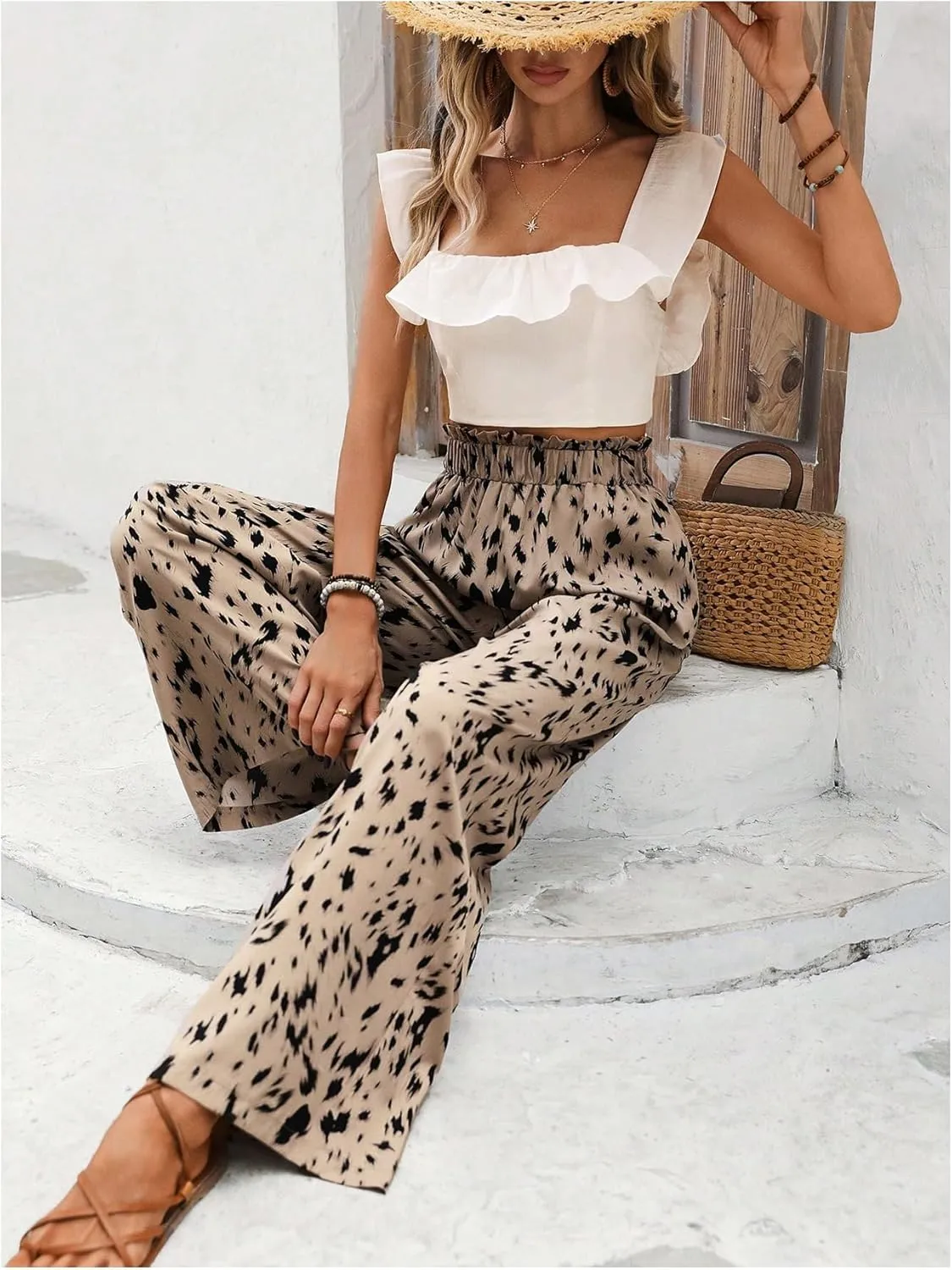 SweatyRocks Women's Casual Printed High Elastic Waist Wide Leg Loose Pants Palazzo Trousers