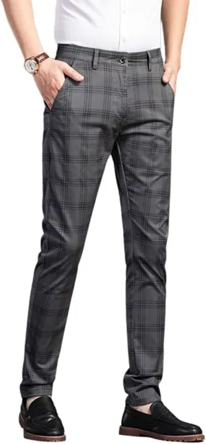 utcoco Men Casual Plaid Slim Fit Straight Stretch Dress Pants