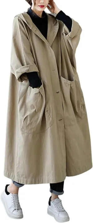 utcoco Women's 2024 Fall Oversized Long Trench Coat Single Breasted Windproof Hooded Overcoat with Pockets