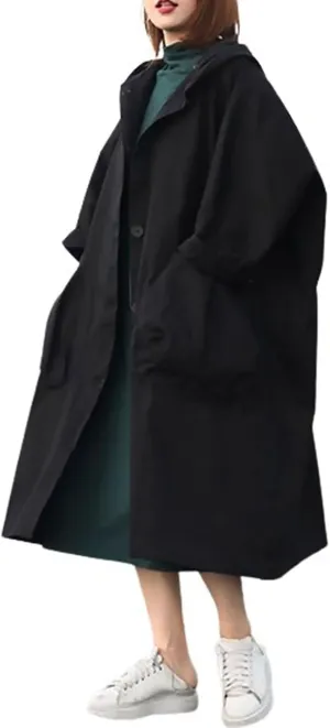 utcoco Women's 2024 Fall Oversized Long Trench Coat Single Breasted Windproof Hooded Overcoat with Pockets