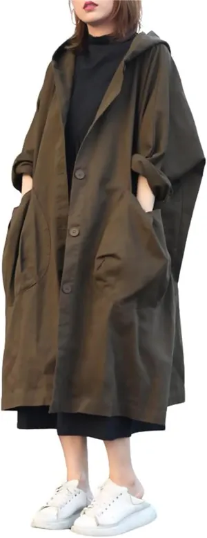 utcoco Women's 2024 Fall Oversized Long Trench Coat Single Breasted Windproof Hooded Overcoat with Pockets