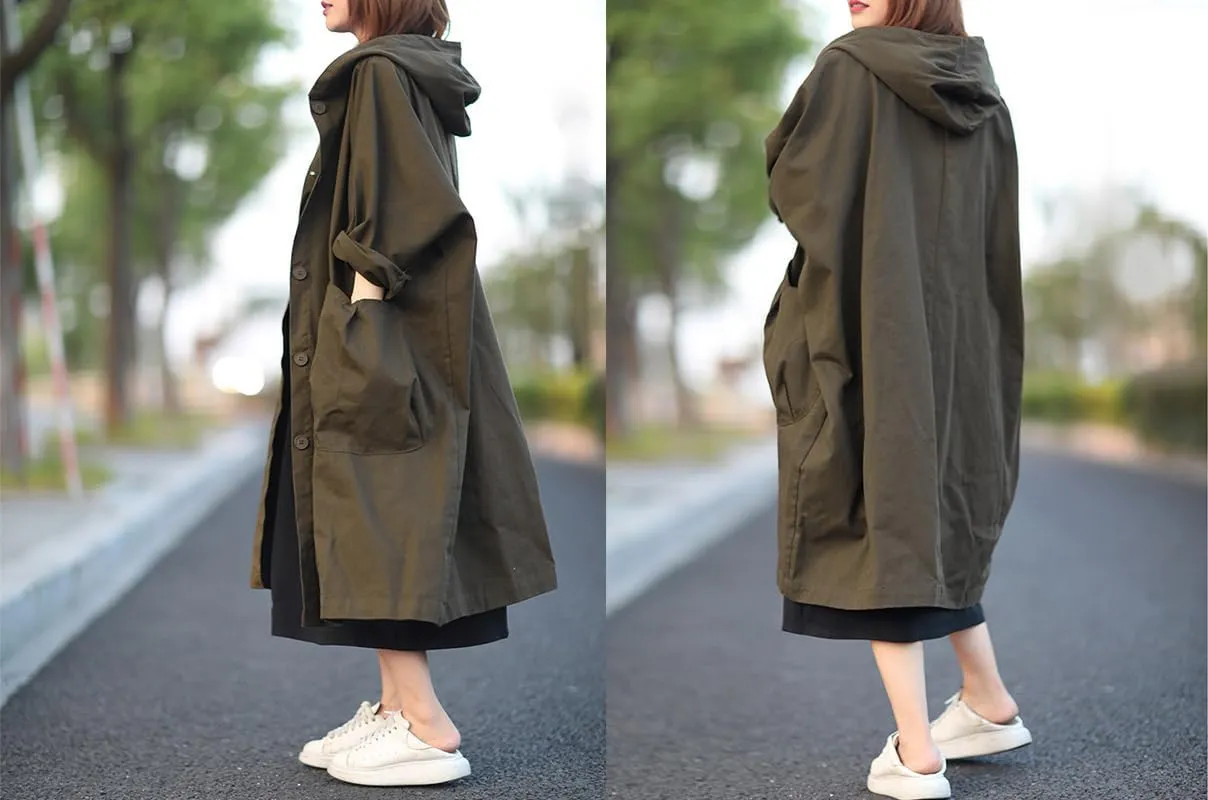 utcoco Women's 2024 Fall Oversized Long Trench Coat Single Breasted Windproof Hooded Overcoat with Pockets