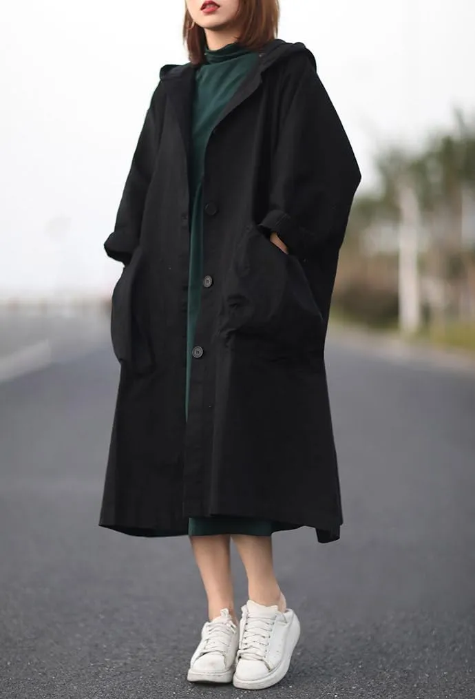 utcoco Women's 2024 Fall Oversized Long Trench Coat Single Breasted Windproof Hooded Overcoat with Pockets