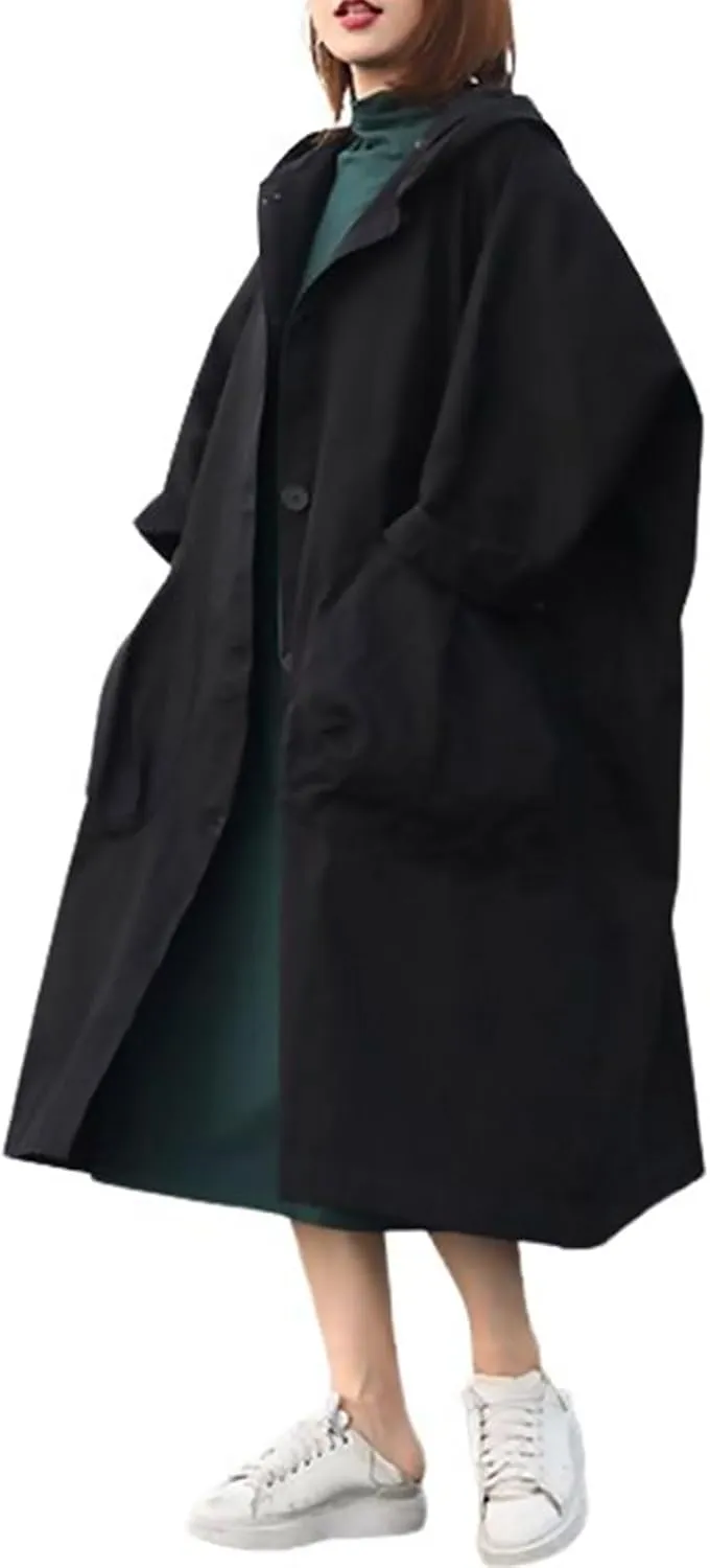 utcoco Women's 2024 Fall Oversized Long Trench Coat Single Breasted Windproof Hooded Overcoat with Pockets